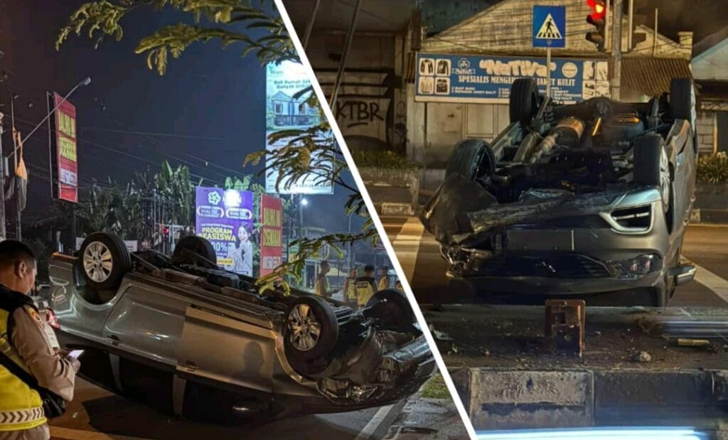 Kecelakaan di Denggung Sleman: Mobil Terbalik di Tengah Jalan pada Dini Hari