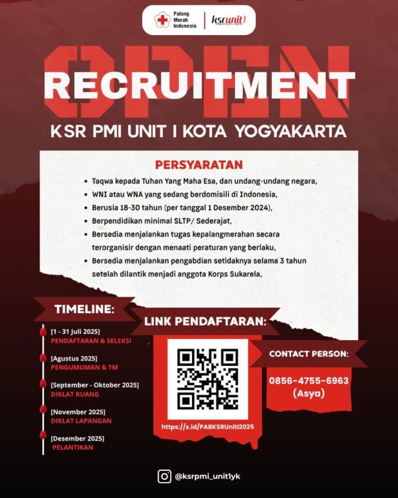 Kesempatan Bergabung sebagai Relawan Kemanusiaan bersama KSR PMI Unit I Kota Yogyakarta